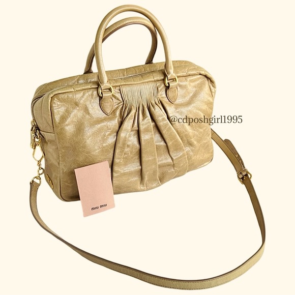 Y2K Vintage miu miu Bauletto vitello lux beige top handle bag two-ways gathered - Picture 2 of 16